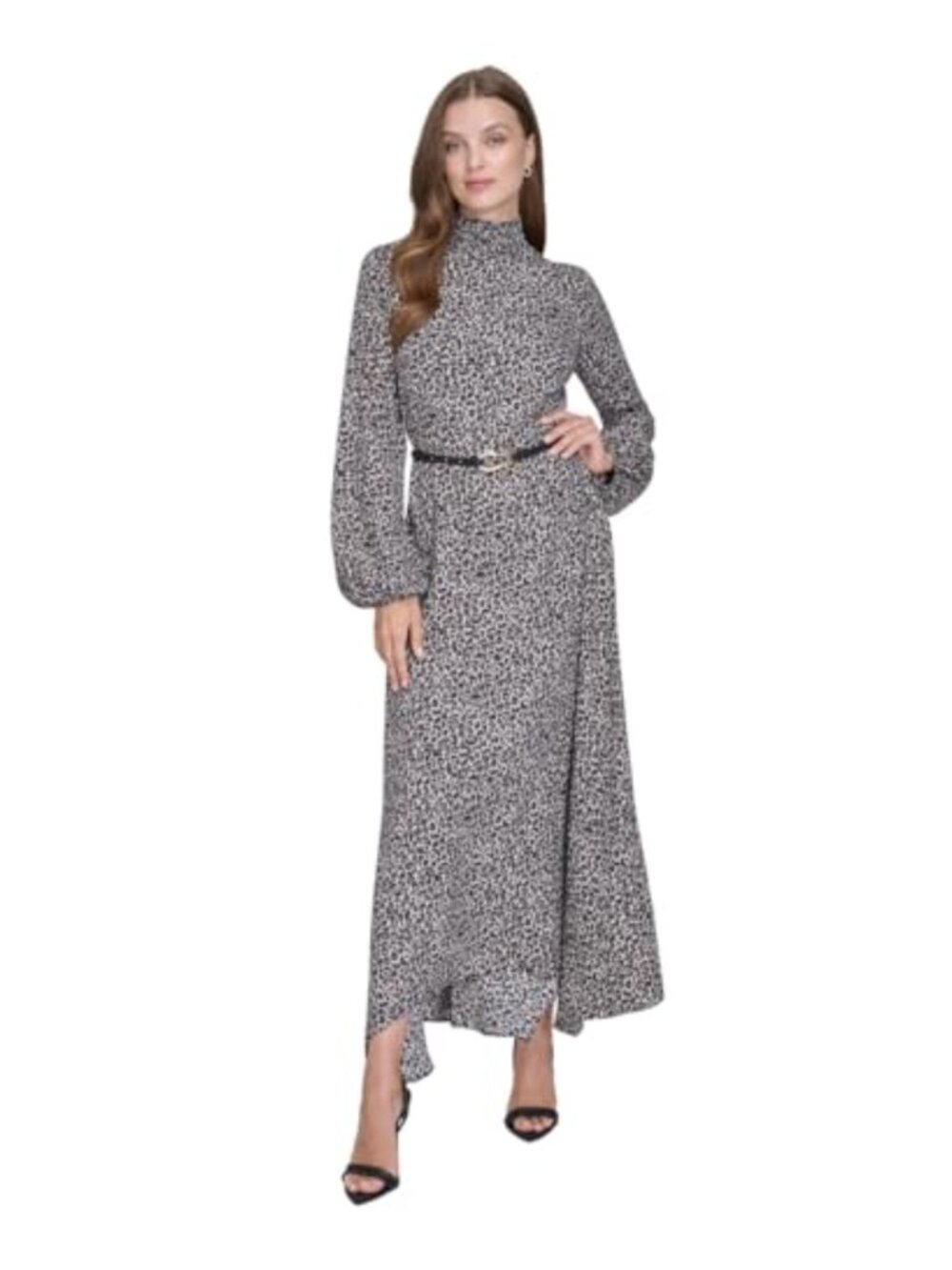 HALSTON Long Bishop Sleeve Mock Neck Maxi Dress Chiffon